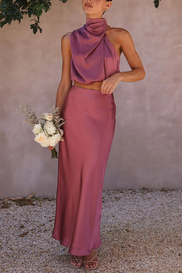 Women's Elegant Satin Halter Crop Top & Maxi Skirt Set
