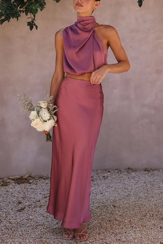 Women's Elegant Satin Halter Crop Top & Maxi Skirt Set