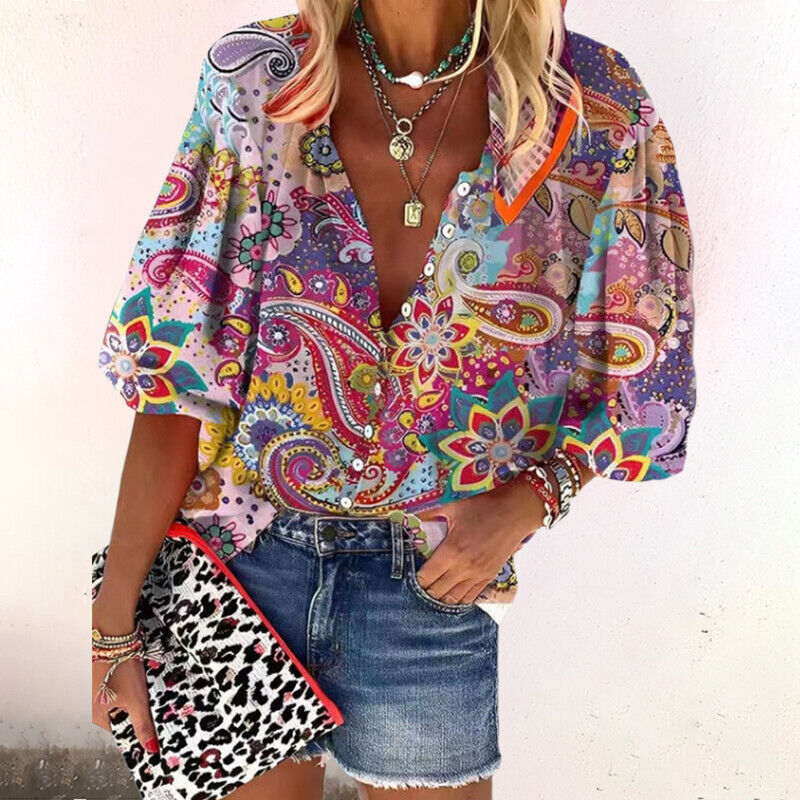 Damen Vintage Blumenmuster Bluse mit Knopfleiste im Boho-Stil