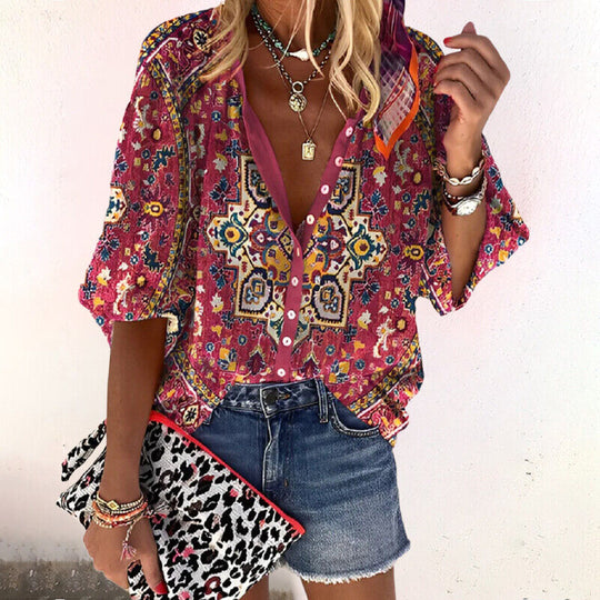 Damen Vintage Blumenmuster Bluse mit Knopfleiste im Boho-Stil