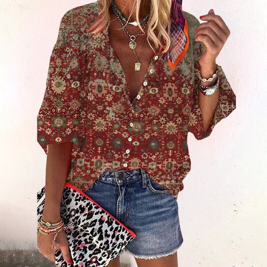 Damen Vintage Blumenmuster Bluse mit Knopfleiste im Boho-Stil