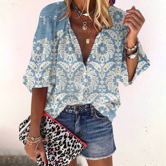 Damen Vintage Blumenmuster Bluse mit Knopfleiste im Boho-Stil