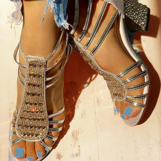 Women's Rhinestone Strappy Block Heel Sandals