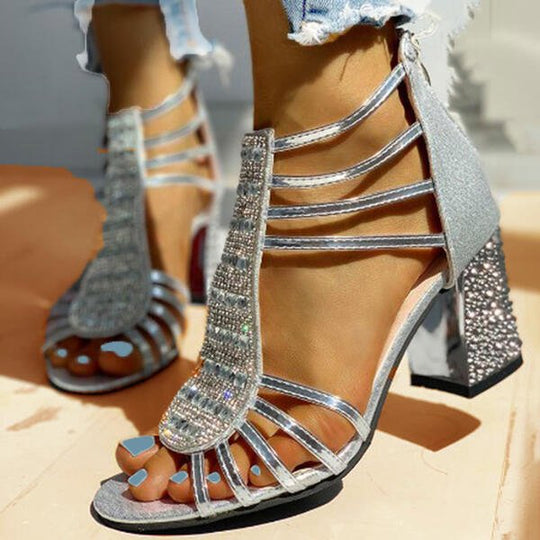Women's Rhinestone Strappy Block Heel Sandals