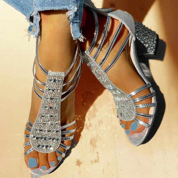 Women's Rhinestone Strappy Block Heel Sandals