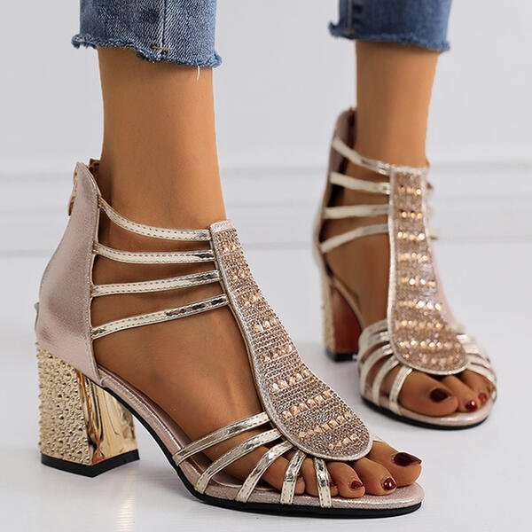 Women's Rhinestone Strappy Block Heel Sandals