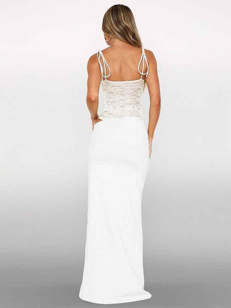 Women's Lace Corset Panel Tie Strap Bodycon Maxi Dress