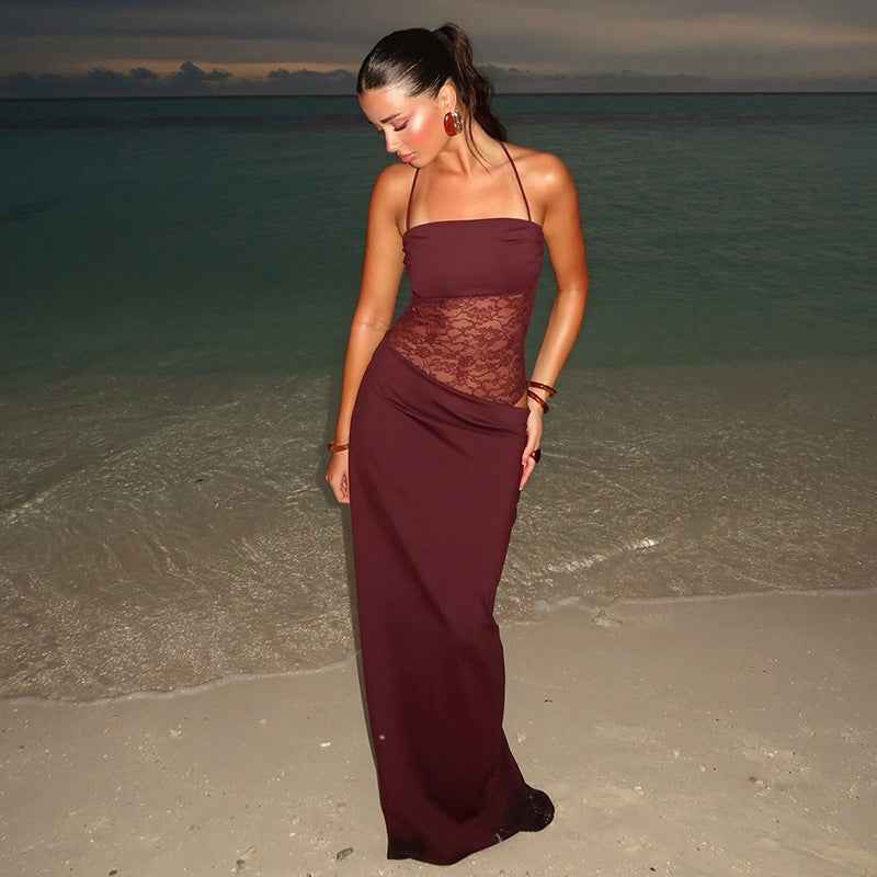 Women's Lace Corset Panel Tie Strap Bodycon Maxi Dress