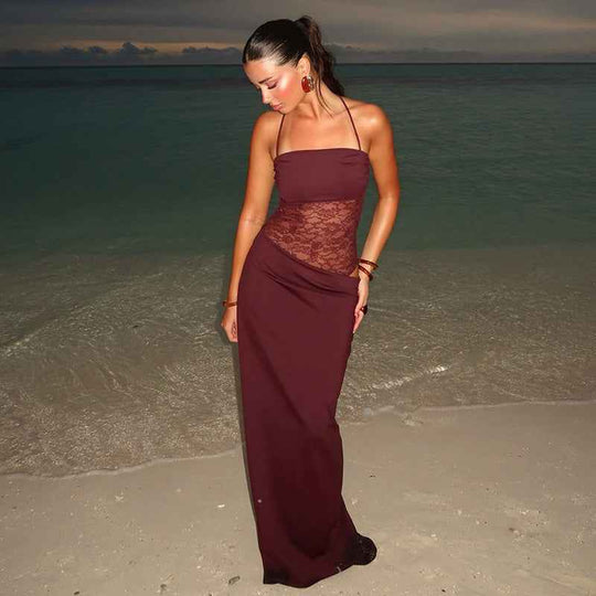 Women's Lace Corset Panel Tie Strap Bodycon Maxi Dress