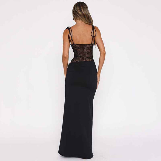 Women's Lace Corset Panel Tie Strap Bodycon Maxi Dress