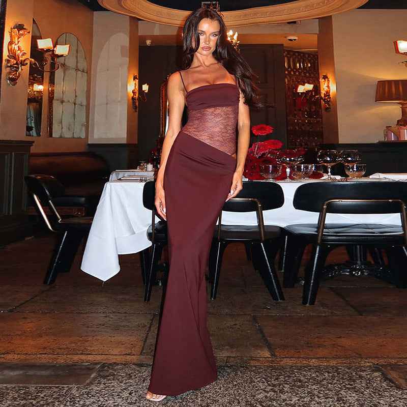 Women's Lace Corset Panel Tie Strap Bodycon Maxi Dress