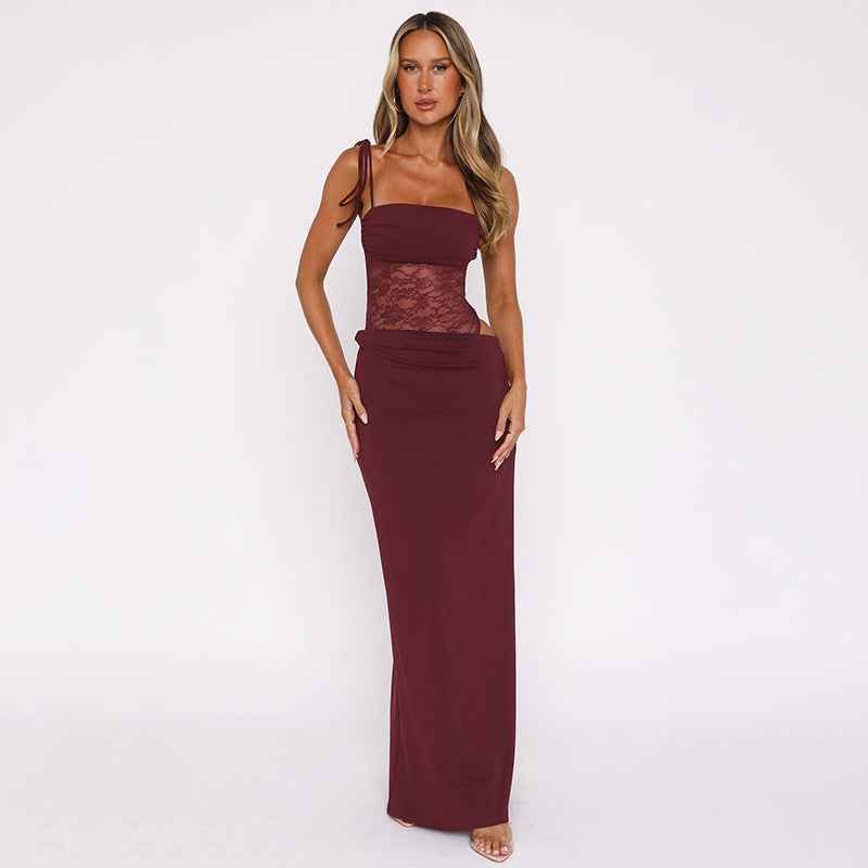 Women's Lace Corset Panel Tie Strap Bodycon Maxi Dress