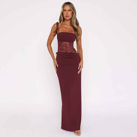 Women's Lace Corset Panel Tie Strap Bodycon Maxi Dress