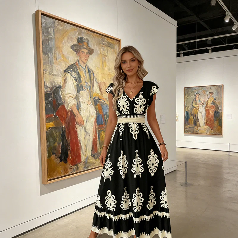 Women's Ornamental Print V-Neck Maxi Dress