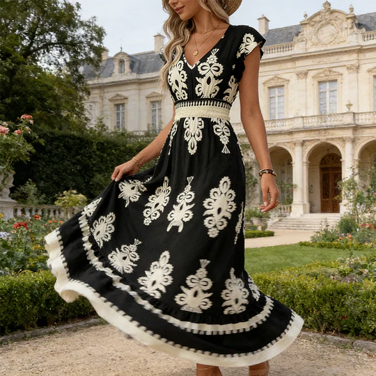 Women's Ornamental Print V-Neck Maxi Dress