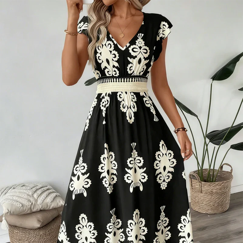 Women's Ornamental Print V-Neck Maxi Dress