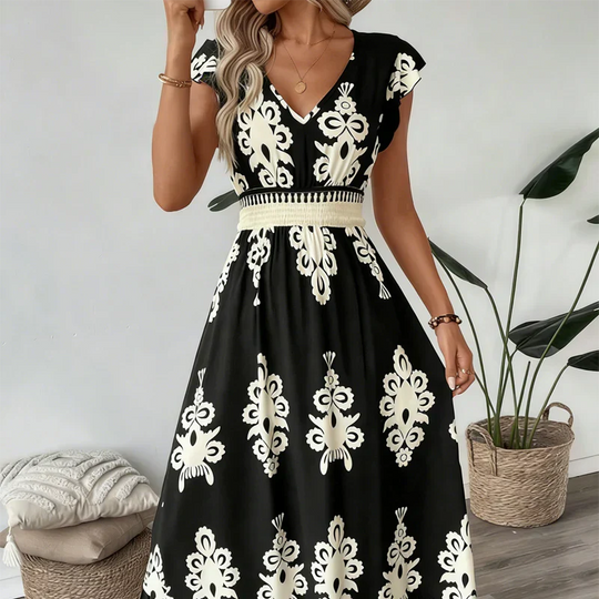 Women's Ornamental Print V-Neck Maxi Dress
