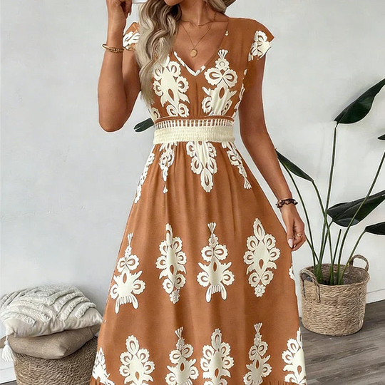 Women's Ornamental Print V-Neck Maxi Dress