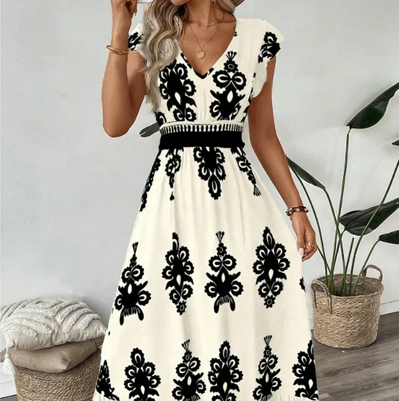 Women's Ornamental Print V-Neck Maxi Dress