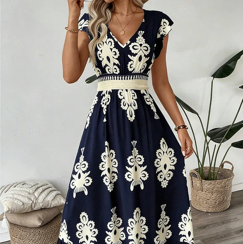 Women's Ornamental Print V-Neck Maxi Dress