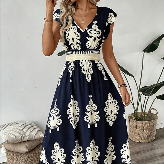 Women's Ornamental Print V-Neck Maxi Dress