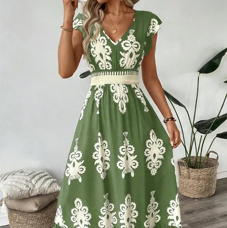 Women's Ornamental Print V-Neck Maxi Dress