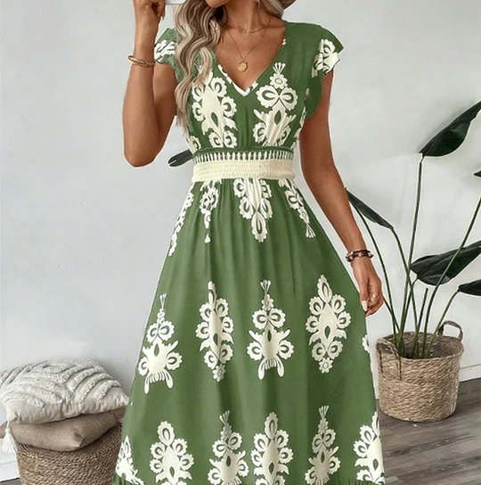 Women's Ornamental Print V-Neck Maxi Dress