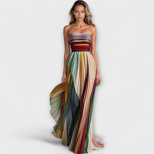 Women's Strapless Multicolor Pleated Flowing Maxi Dress