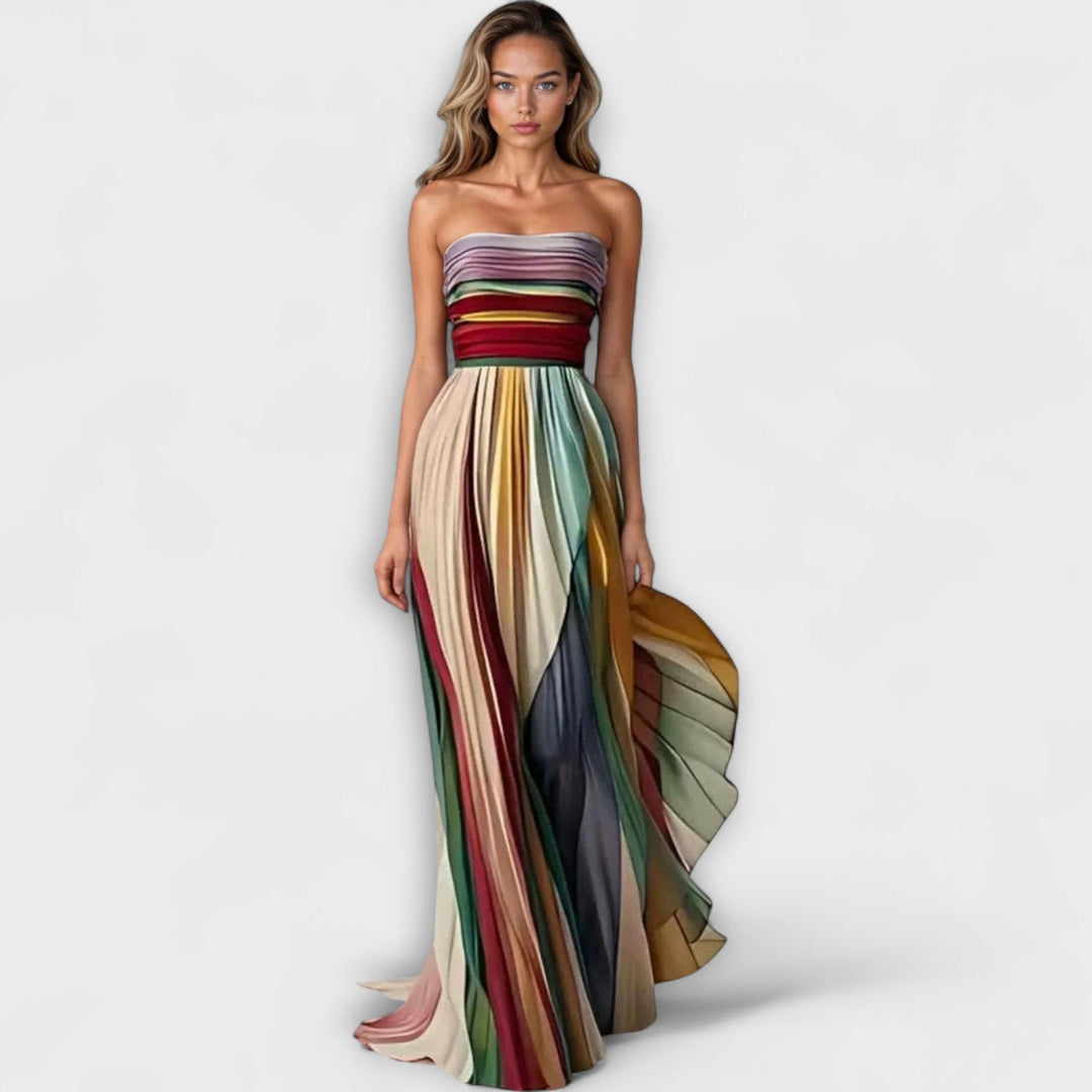Women's Strapless Multicolor Pleated Flowing Maxi Dress