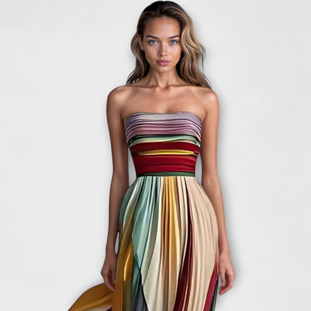 Damen trägerloses, mehrfarbiges, plissiertes Maxikleid