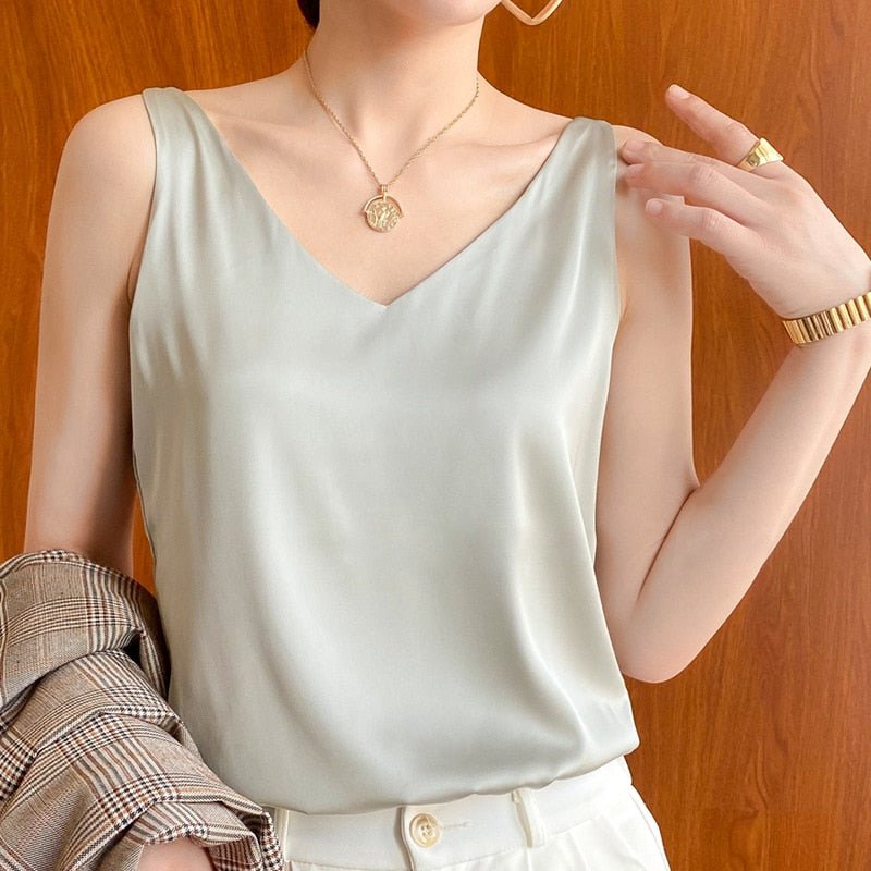 Women's V Neck Sleeveless Satin Cami Top