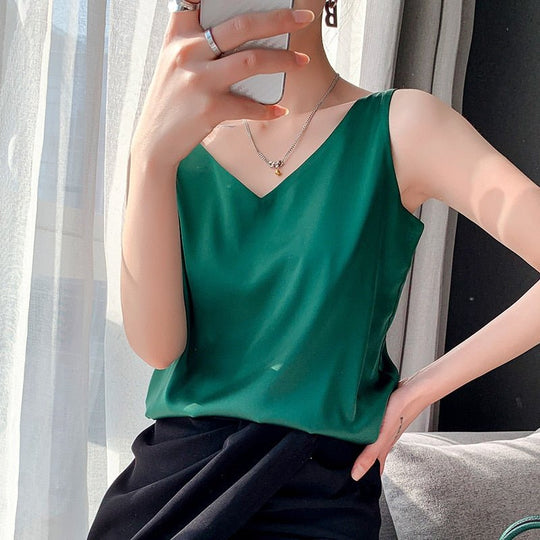 Women's Elegant V-Neck Sleeveless Satin Cami Top