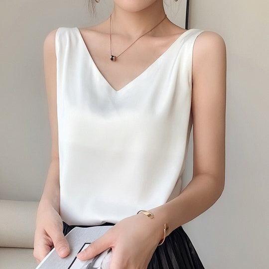 Women's Elegant V-Neck Sleeveless Satin Cami Top