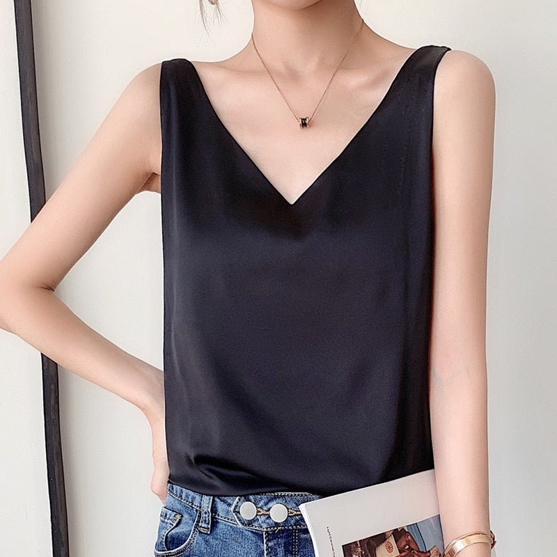 Women's Elegant V-Neck Sleeveless Satin Cami Top