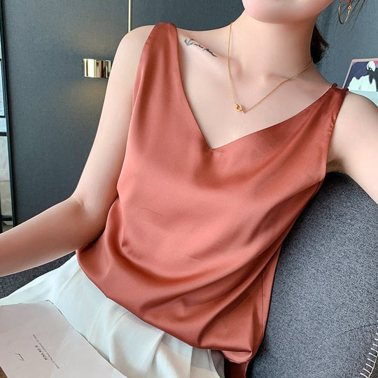 Women's Elegant V-Neck Sleeveless Satin Cami Top