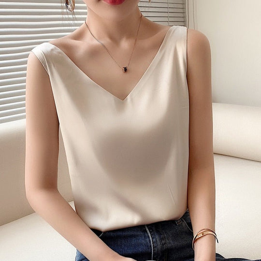 Women's Elegant V-Neck Sleeveless Satin Cami Top