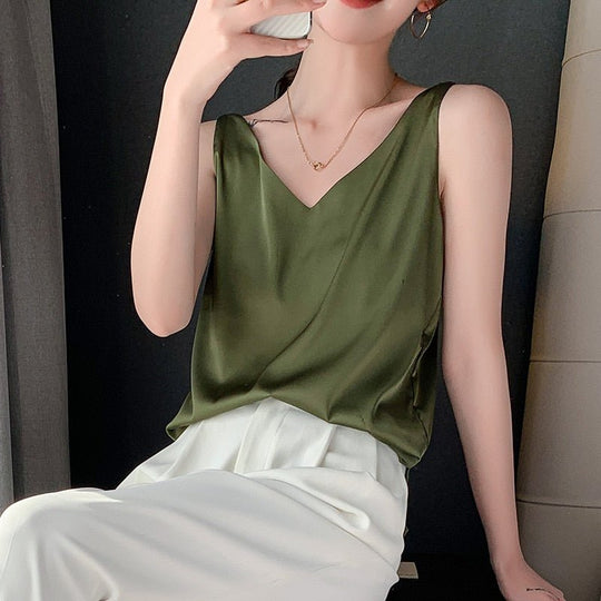 Women's V Neck Sleeveless Satin Cami Top