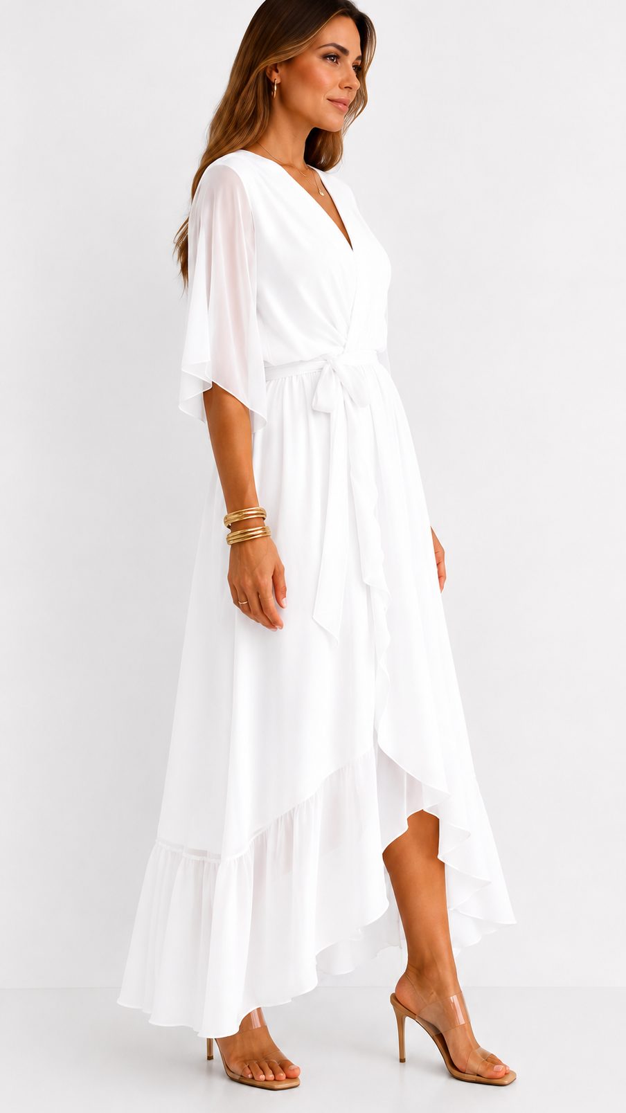 Women's V-Neck Tie Waist High Low Midi Dress
