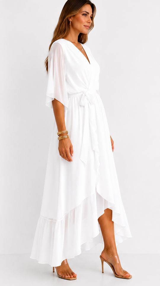 Women's V-Neck Tie Waist High Low Midi Dress