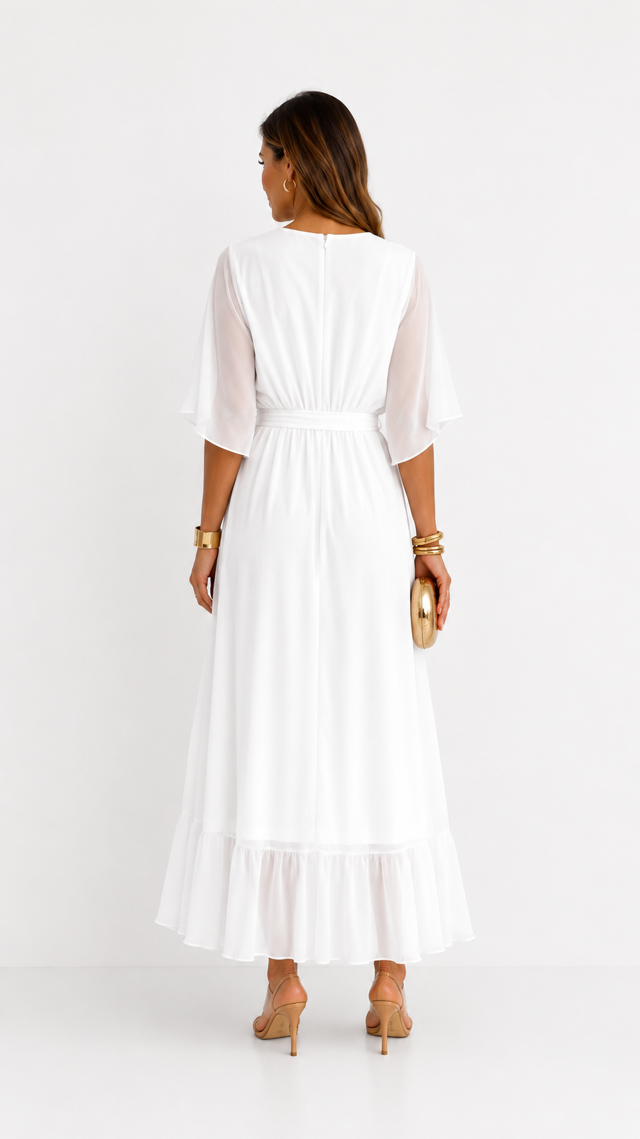 Women's V-Neck Tie Waist High Low Midi Dress