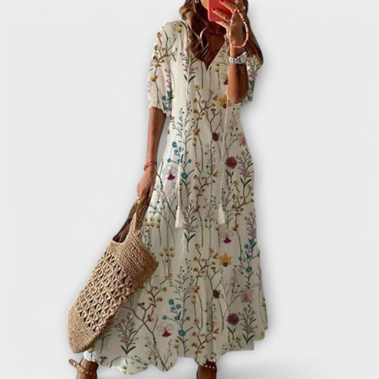 Women's Bohemian Floral Print V-Neck Maxi Dress