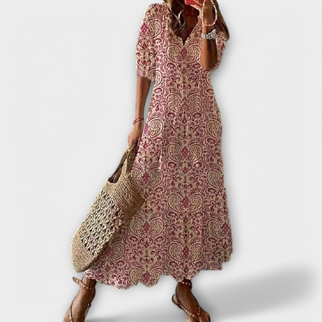 Women's Bohemian Floral Print V-Neck Maxi Dress