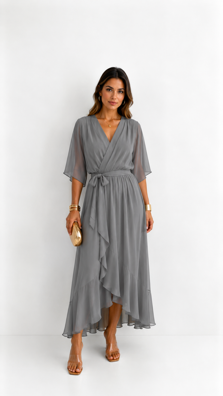 Women's V-Neck Tie Waist High Low Midi Dress