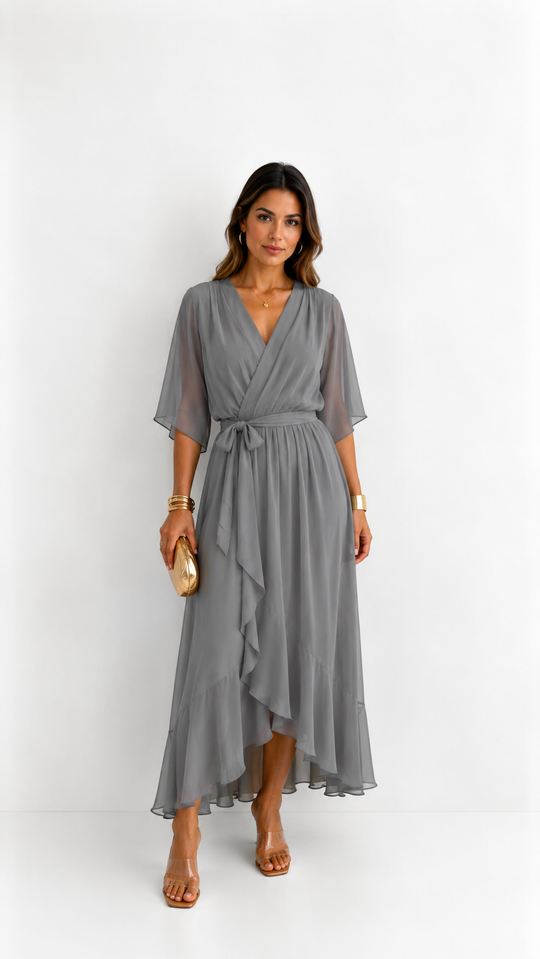 Women's V-Neck Tie Waist High Low Midi Dress