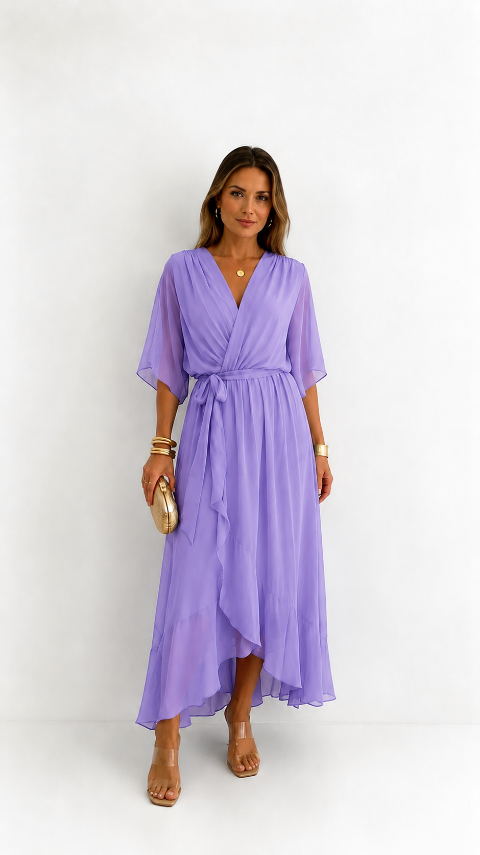 Women's V-Neck Tie Waist High Low Midi Dress