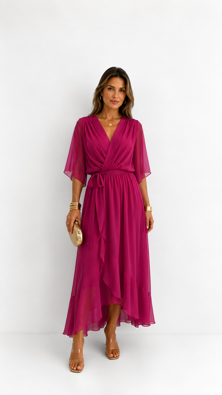 Women's V-Neck Tie Waist High Low Midi Dress
