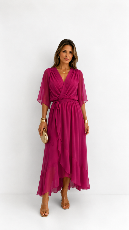 Women's V-Neck Tie Waist High Low Midi Dress
