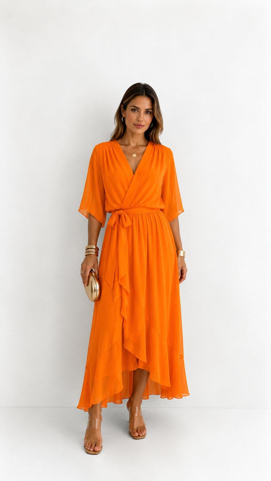 Women's V-Neck Tie Waist High Low Midi Dress
