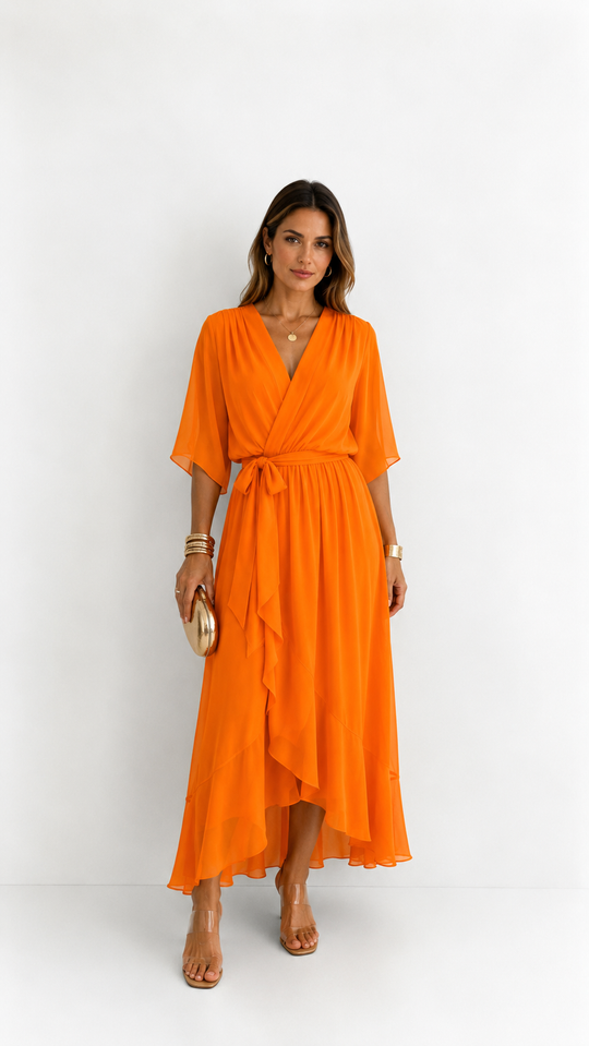 Women's V-Neck Tie Waist High Low Midi Dress