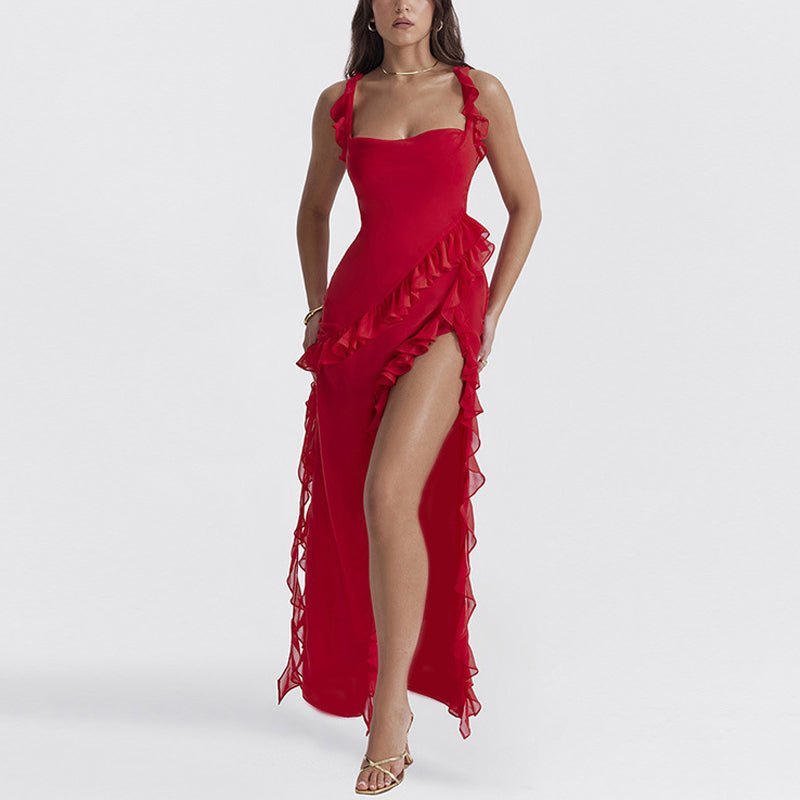 Damen Kaskadierende Rüschenschlitz Abendkleid